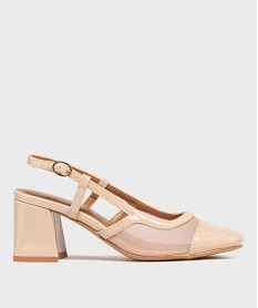 GEMO Escarpins slingback vernis à talon large et bout carré femme - Follow Me Beige