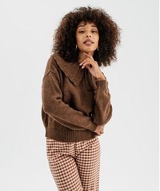GEMO Pull à grand col fantaisie ajouré femme marron standard