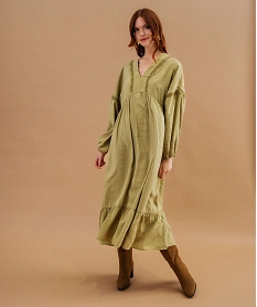 GEMO Robe longue à manches longues look bohème femme Vert