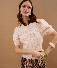 GEMO Gilet manches courtes en maille ajourée et dentelle femme Rose