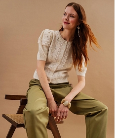 GEMO Gilet manches courtes en maille ajourée et dentelle femme Beige