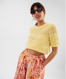 GEMO Pull manches courtes en maille ajourée femme Jaune