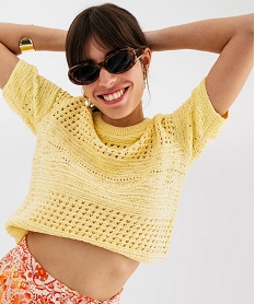 pull manches courtes en maille ajouree femme jaune pullsK264401_2