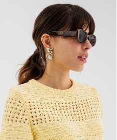 pull manches courtes en maille ajouree femme jaune pullsK264401_3