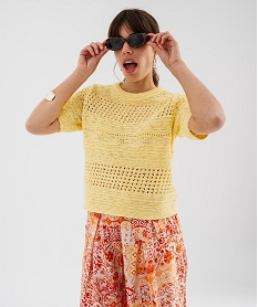 pull manches courtes en maille ajouree femme jaune pullsK264401_4