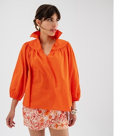 blouse manches 34 en toile de coton unie femme orange blousesK264501_2