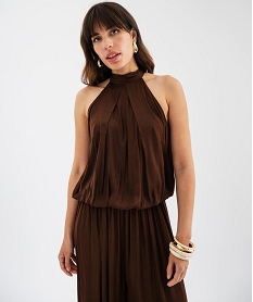 GEMO Blouse sans manches en satin avec col noué femme marron fonce