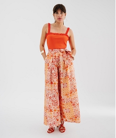 GEMO Débardeur en maille côtelée extensible à bretelles froncées femme Orange