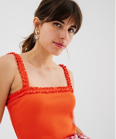 debardeur en maille cotelee extensible a bretelles froncees femme orange debardeursK265501_3