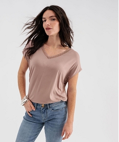 GEMO Tee-shirt manches ultra courtes avec col V en dentelle femme Rose
