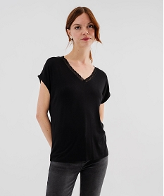 GEMO Tee-shirt manches ultra courtes avec col V en dentelle femme noir standard