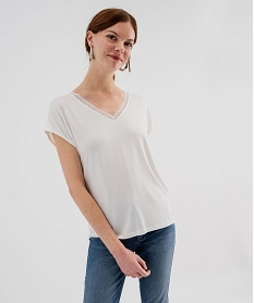 GEMO Tee-shirt manches ultra courtes avec col V en dentelle femme Beige