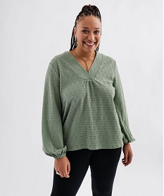 GEMO Blouse manches longues en maille ajourée femme grande taille Vert
