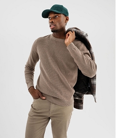 GEMO Pull col rond en coton uni homme Brun