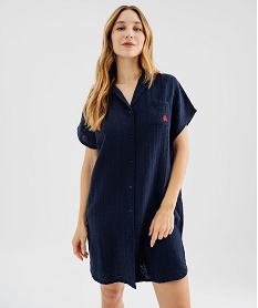 GEMO Chemise de nuit en broderie anglaise à col tailleur femme - LuluCastagnette Bleu