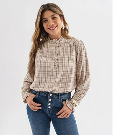 GEMO Blouse à carreaux avec finitions froncées femme Beige