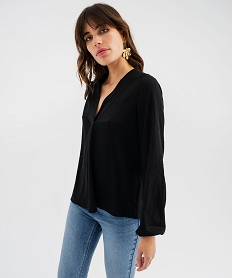 GEMO Tee-shirt à manches longues et col V en maille texturée femme noir vif