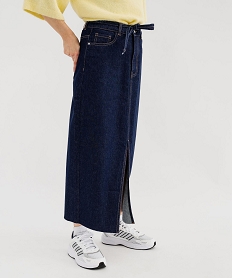 GEMO Jupe en jean longue et fendue avec ceinture à nouer femme Bleu