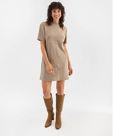 GEMO Robe pull à manches courtes et col rond femme Brun