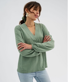 GEMO Tee-shirt à manches longues et col V en maille texturée femme Vert