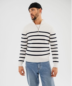 GEMO Pull en coton avec col montant zippé homme Blanc