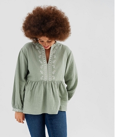 GEMO Blouse manches longues en gaze de coton brodé femme grande taille Vert