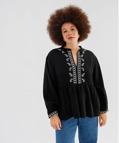 GEMO Blouse manches longues en gaze de coton brodé femme grande taille noir standard