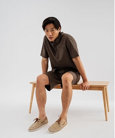 GEMO Chemise à manches courtes en lin et coton coupe regular homme marron fonce