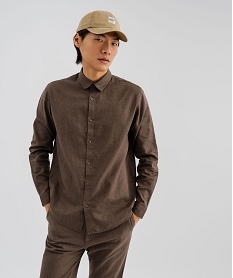 GEMO Chemise à manches longues en lin et coton coupe regular homme marron fonce