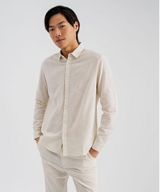 GEMO Chemise à manches longues en lin et coton coupe regular homme Beige