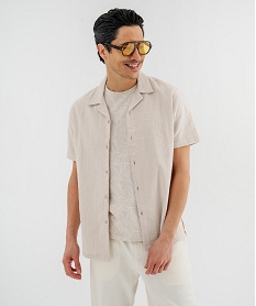 GEMO Chemise à manches courtes et col cubain en coton gaufré homme beige standard