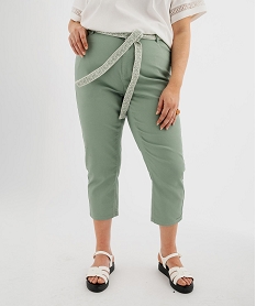 GEMO Pantacourt slim taille haute en coton stretch avec ceinture à nouer femme grande taille Vert