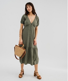 GEMO Robe longue à manches courtes en viscose imprimée femme Vert