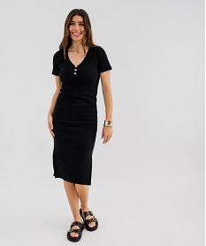 GEMO Robe longue moulante en maille de coton stretch côtelée femme noir standard