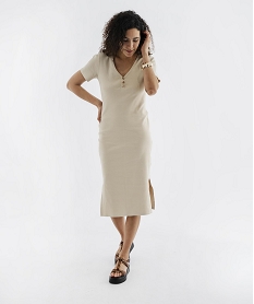 GEMO Robe longue moulante en maille de coton stretch côtelée femme Beige