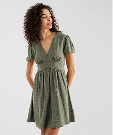 GEMO Robe courte à manches ballons en viscose imprimée femme Vert
