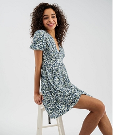 GEMO Robe courte à manches ballons en viscose imprimée femme Bleu