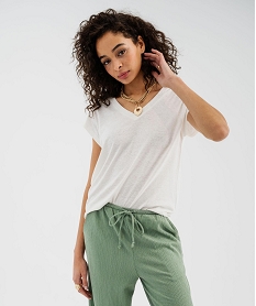 GEMO Tee-shirt manches courtes à col V coupe loose en lin femme blanc standard