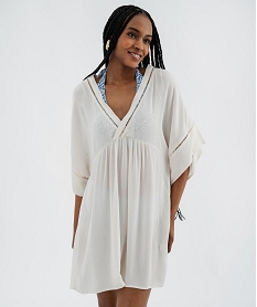GEMO Robe de plage col V taille empire en viscose fluide femme blanc standard