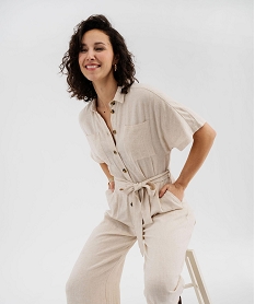 GEMO Combinaison pantalon en viscose et lin à haut chemise femme Beige