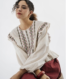 GEMO Blouse à manches longues avec volants fantaisie femme Beige
