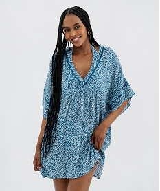 GEMO Robe de plage col V taille empire en viscose fluide femme Bleu