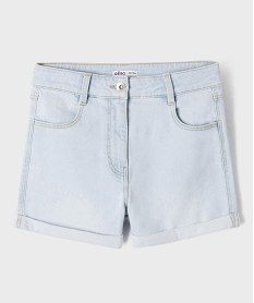 GEMO Short en jean stretch à taille haute et revers fille Bleu