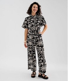 GEMO Combinaison pantalon manches courtes en viscose imprimée femme Noir