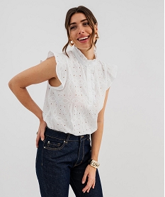 GEMO Blouse en coton ajourée avec fronces et volants femme blanc standard