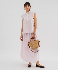 GEMO Jupe longue et ample en coton rayé femme Rose