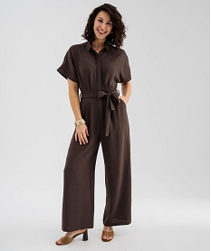 GEMO Combinaison pantalon fluide en matière froissée femme marron fonce