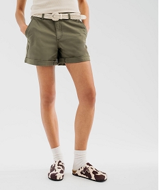 GEMO Short ample en coton stretch avec ceinture tressée femme kaki fonce
