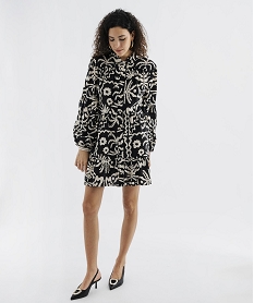 GEMO Robe courte manches longues en viscose froissée imprimée femme Noir