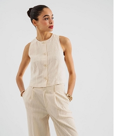 GEMO Chemise sans manches à col rond en viscose et lin rayé femme Beige